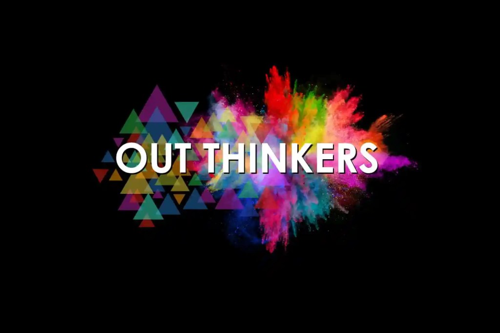 A colourful logo on a black background. The logo says "OUT THINKERS" in white text against an explosion of differently coloured powders and triangles