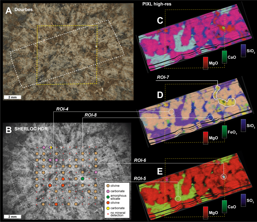 A large scientific figure made of 5 parts on a black background. Part A shows a colour image of a mottled brown-grey rock, part B shows a black and white version of the same image with coloured circles overlaid, depicting different types of minerals detected by SHERLOC. Parts C, D, and E are false-colour rectangular maps showing the distribution of different types of minerals detected by PIXL.